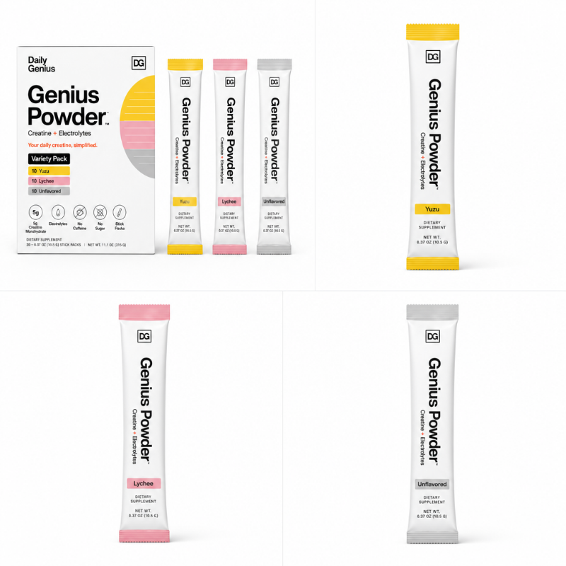 Daily Genius Variety Pack — Yuzu, Lychee, and Unflavored stick packs