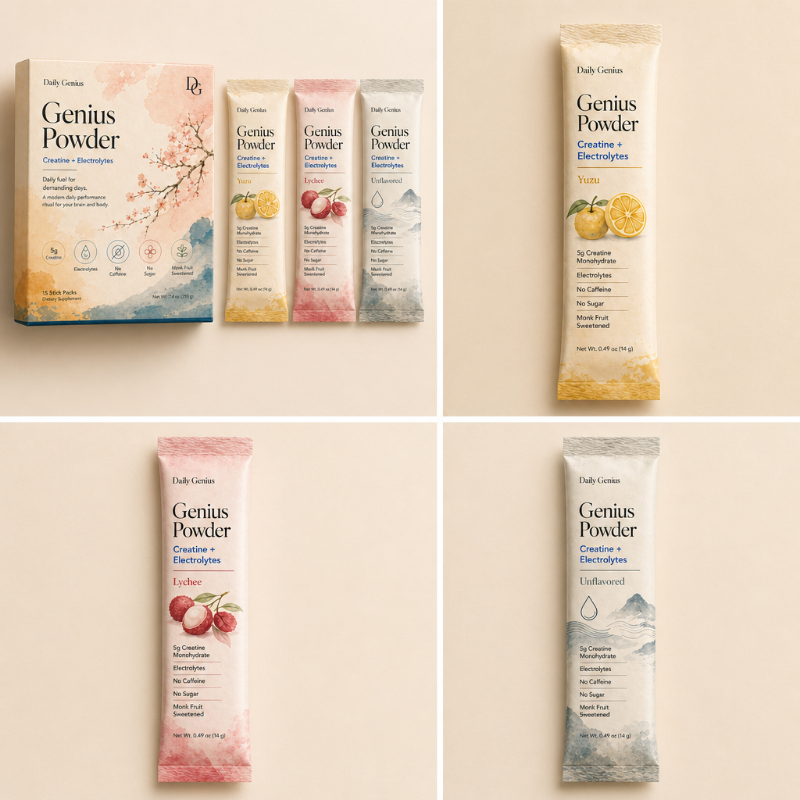 Daily Genius Variety Pack — Yuzu, Lychee, and Unflavored stick packs