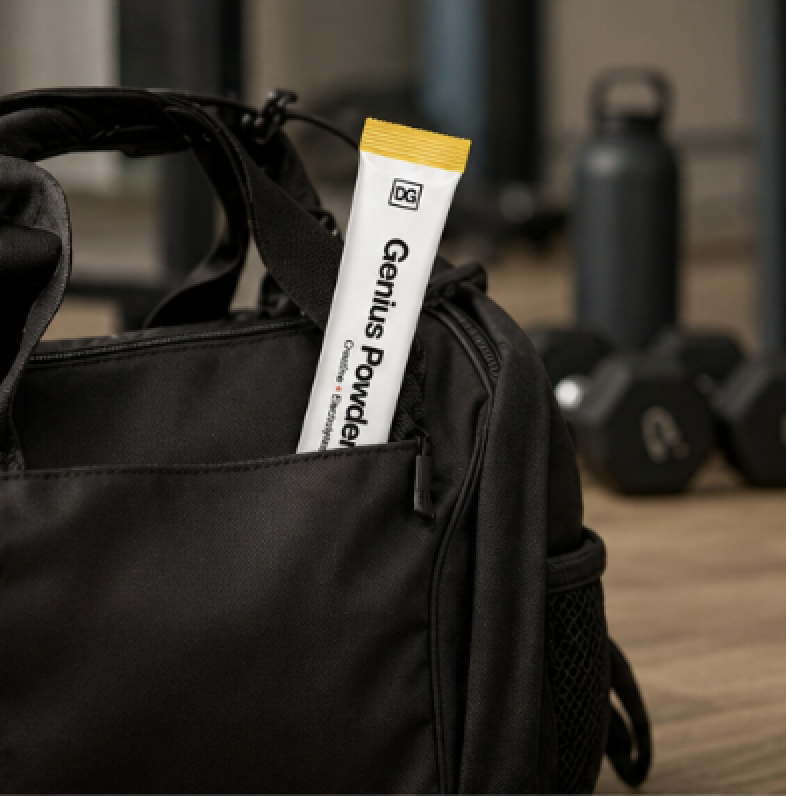 Genius Powder stick pack tucked into a gym bag